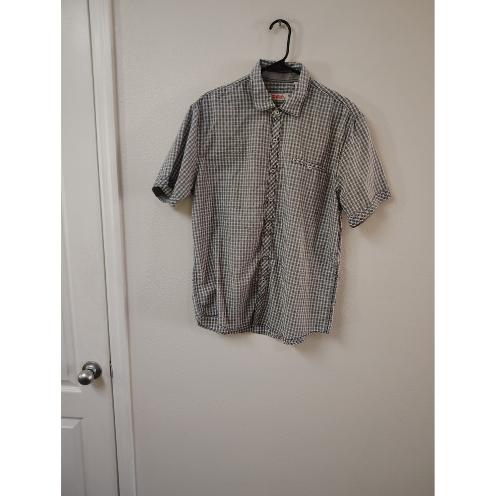 Michael‎ Brandon Mens Plaid Short Sleeve Button Down Shirt Grey White Large